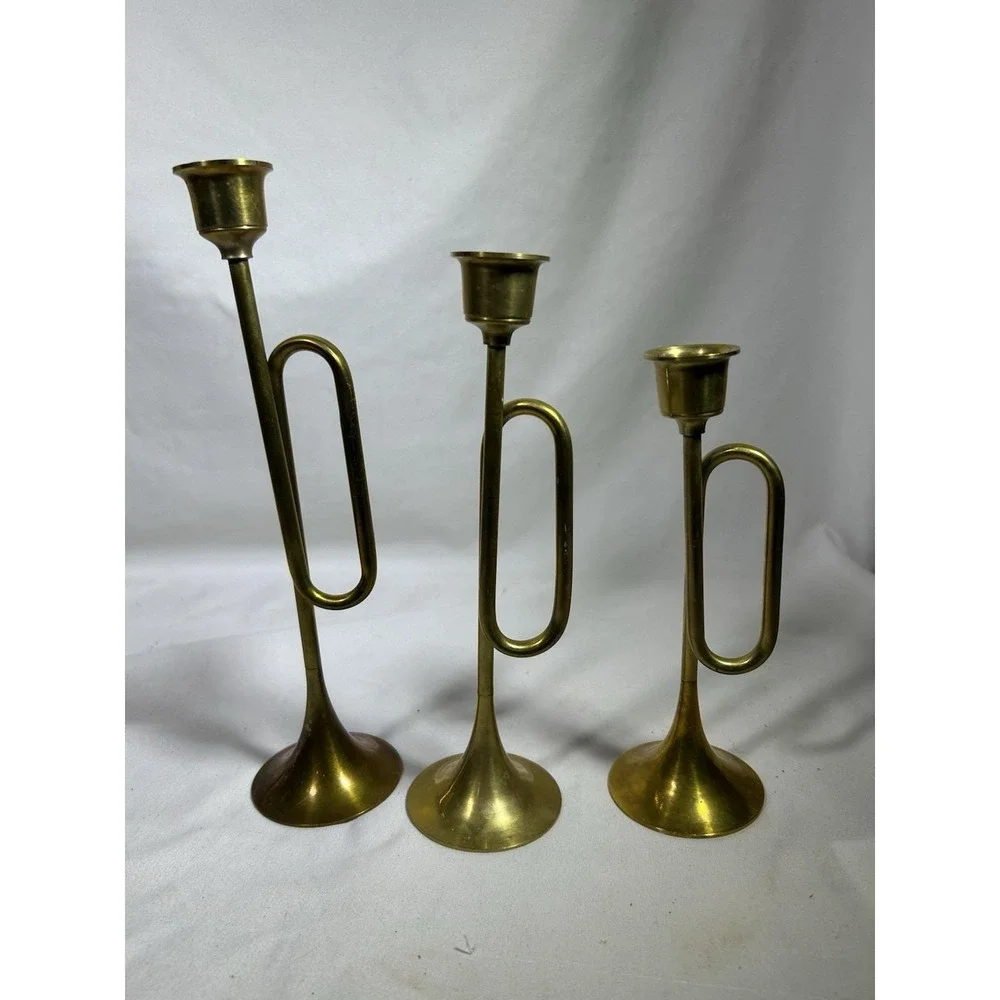Vintage Brass Graduated Bugle Horn Candlesticks Candle Holders Christmas Lot 3